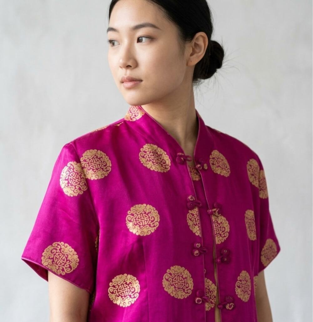 Vintage 2002 Silk Chinese Tang Jacket - Magenta & Gold Longevity